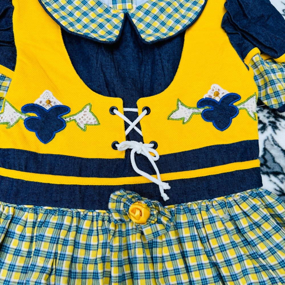Vintage Narci Stell Dress Kids Size 10 Yellow Blue Plaid New With Tags Folk Lace - Picture 3 of 12
